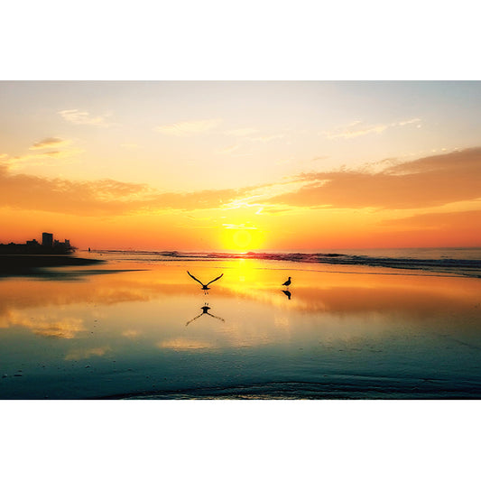 Image of Early Birds photographic artwork by Jessica St. Clair depicting two seagulls on glassy Myrtle Beach water at dawn