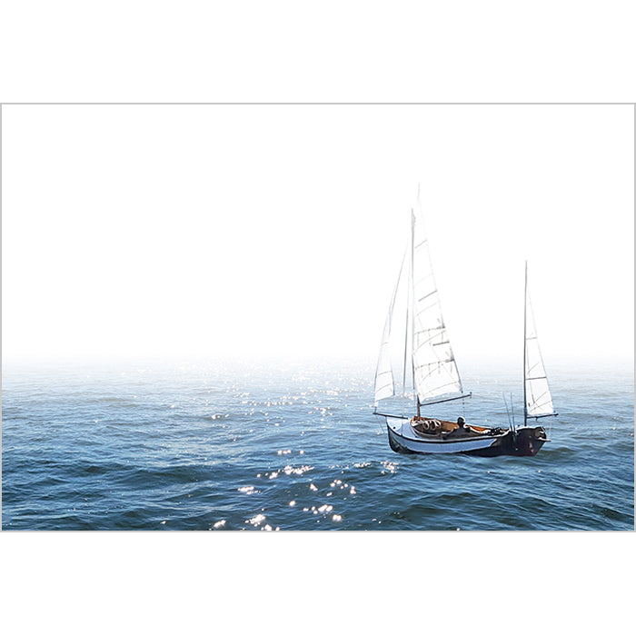 Image of Into the Mystic photographic artwork by Jessica St. Clair depicting a sailboat afloat on sparkling blue water into a misty white horizon