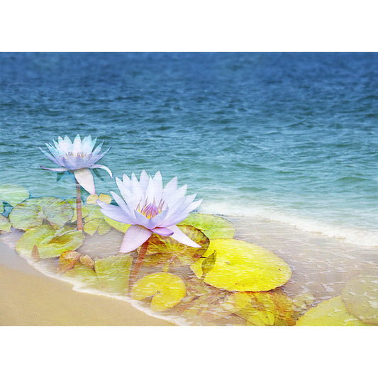 Image of Peace Tide mixed media artwork by Jessica St. Clair featuring lime green lily pads and pastel lotus flowers blossoming on the shoreline of the aqua blue ocean