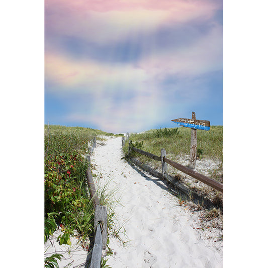 Image of This Way to Utopia mixed media artwork by Jessica St. Clair featuring sun rays beaming down from a pastel sky and a sandy beach path with a wooden sign pointing the way toward Utopia
