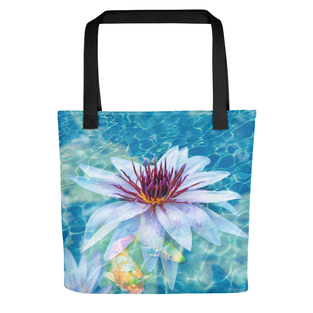 Image of 15 inch by 15 inch tote bag featuring "Aqua Pura" artwork design by Jessica St. Clair