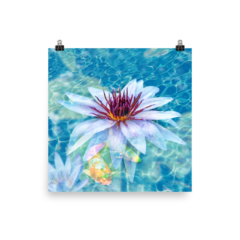 Image of Aqua Pura mixed media art print on 10 inch by 10 inch enhanced matte photo paper by Jessica St. Clair featuring a beautiful lotus flower and koi fish in sparkling water