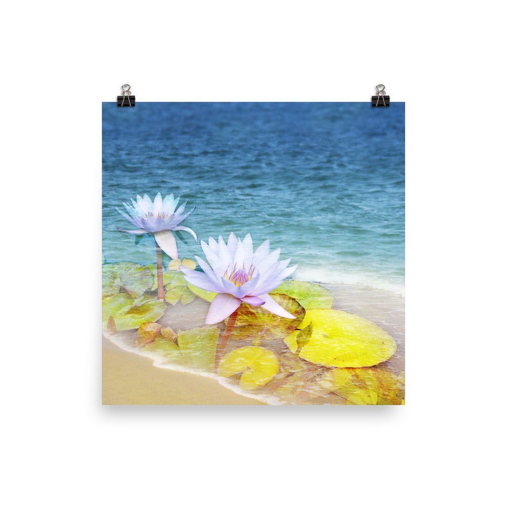 Image of Peace Tide mixed media 10 inch by 10 inch art print on enhanced matte photo paper by Jessica St. Clair featuring lime green lily pads and pastel lotus flowers blossoming on the shoreline of the aqua blue ocean