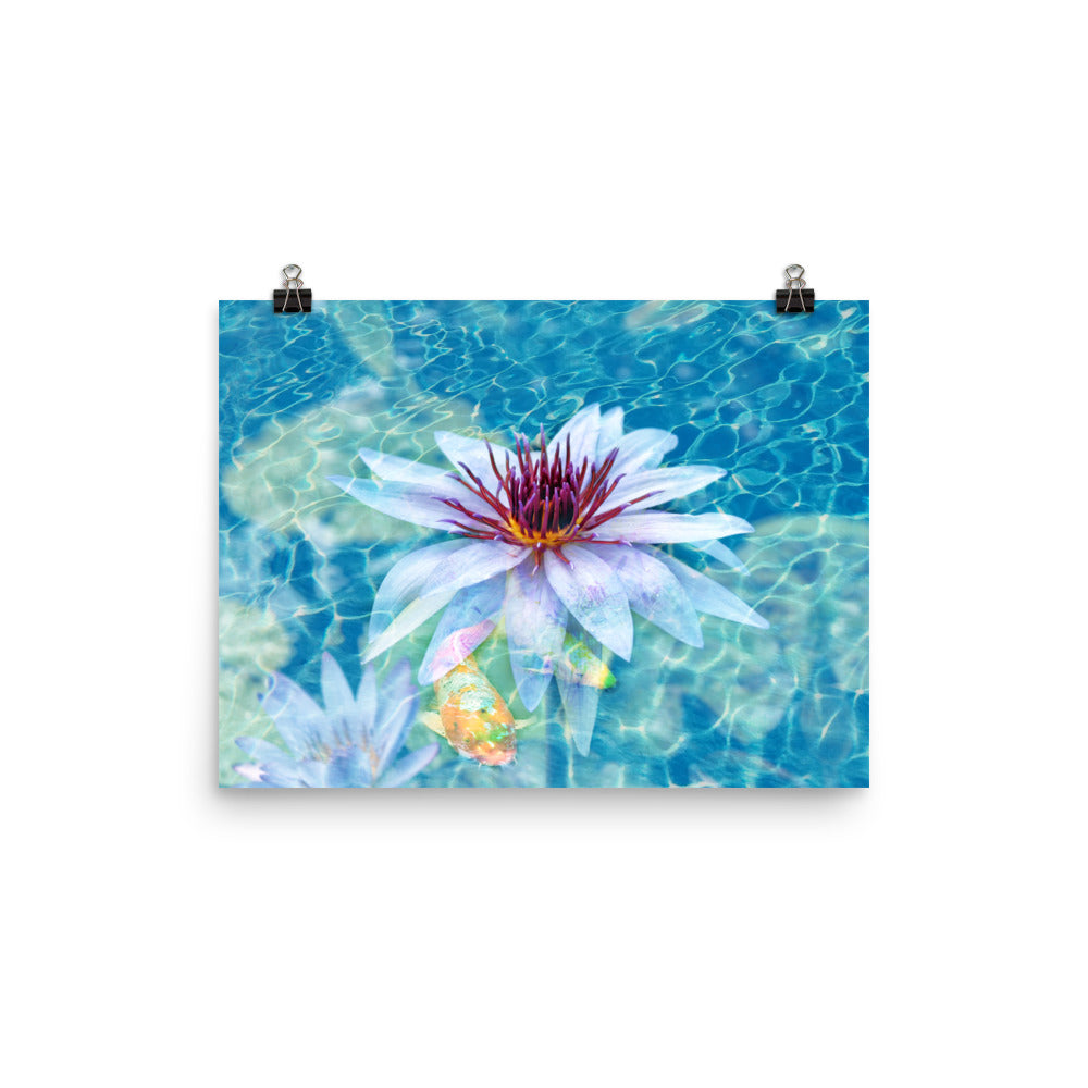Image of Aqua Pura mixed media art print on 12 inch by 16 inch enhanced matte photo paper by Jessica St. Clair featuring a beautiful lotus flower and koi fish in sparkling water