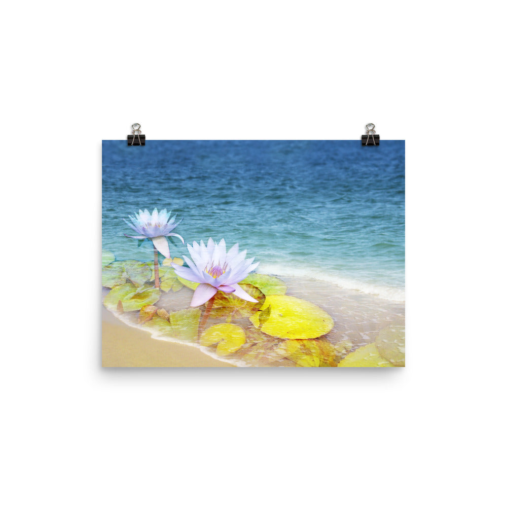 Image of Peace Tide mixed media 12 inch by 16 inch art print on enhanced matte photo paper by Jessica St. Clair featuring lime green lily pads and pastel lotus flowers blossoming on the shoreline of the aqua blue ocean
