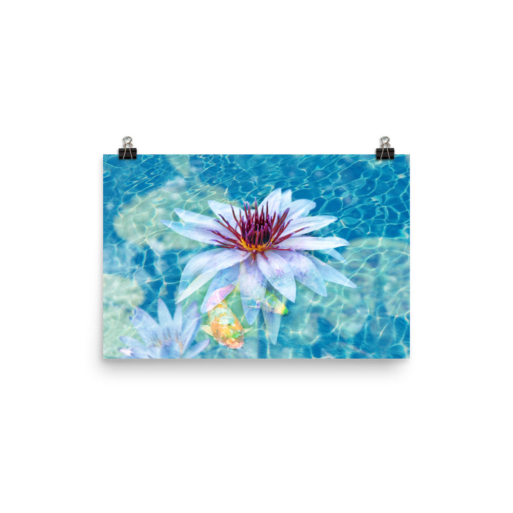 Image of Aqua Pura mixed media art print on 12 inch by 18 inch enhanced matte photo paper by Jessica St. Clair featuring a beautiful lotus flower and koi fish in sparkling water