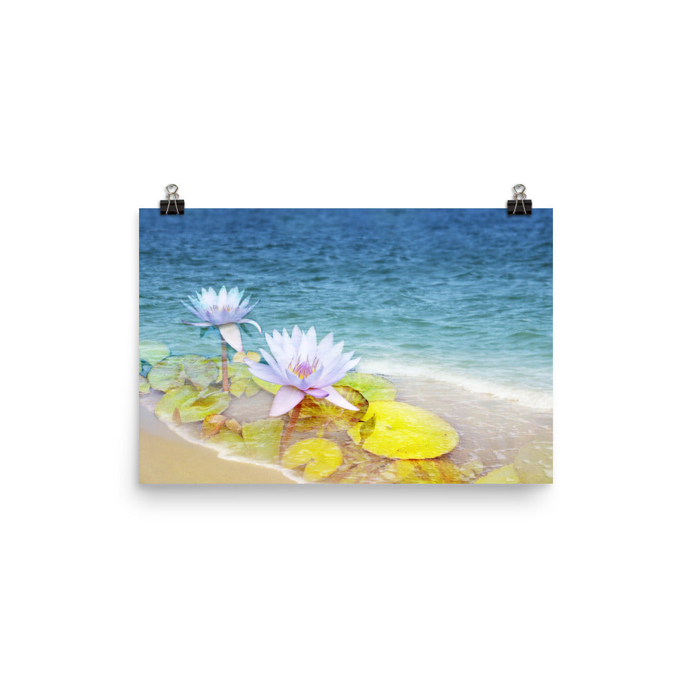 Image of Peace Tide mixed media 12 inch by 18 inch art print on enhanced matte photo paper by Jessica St. Clair featuring lime green lily pads and pastel lotus flowers blossoming on the shoreline of the aqua blue ocean