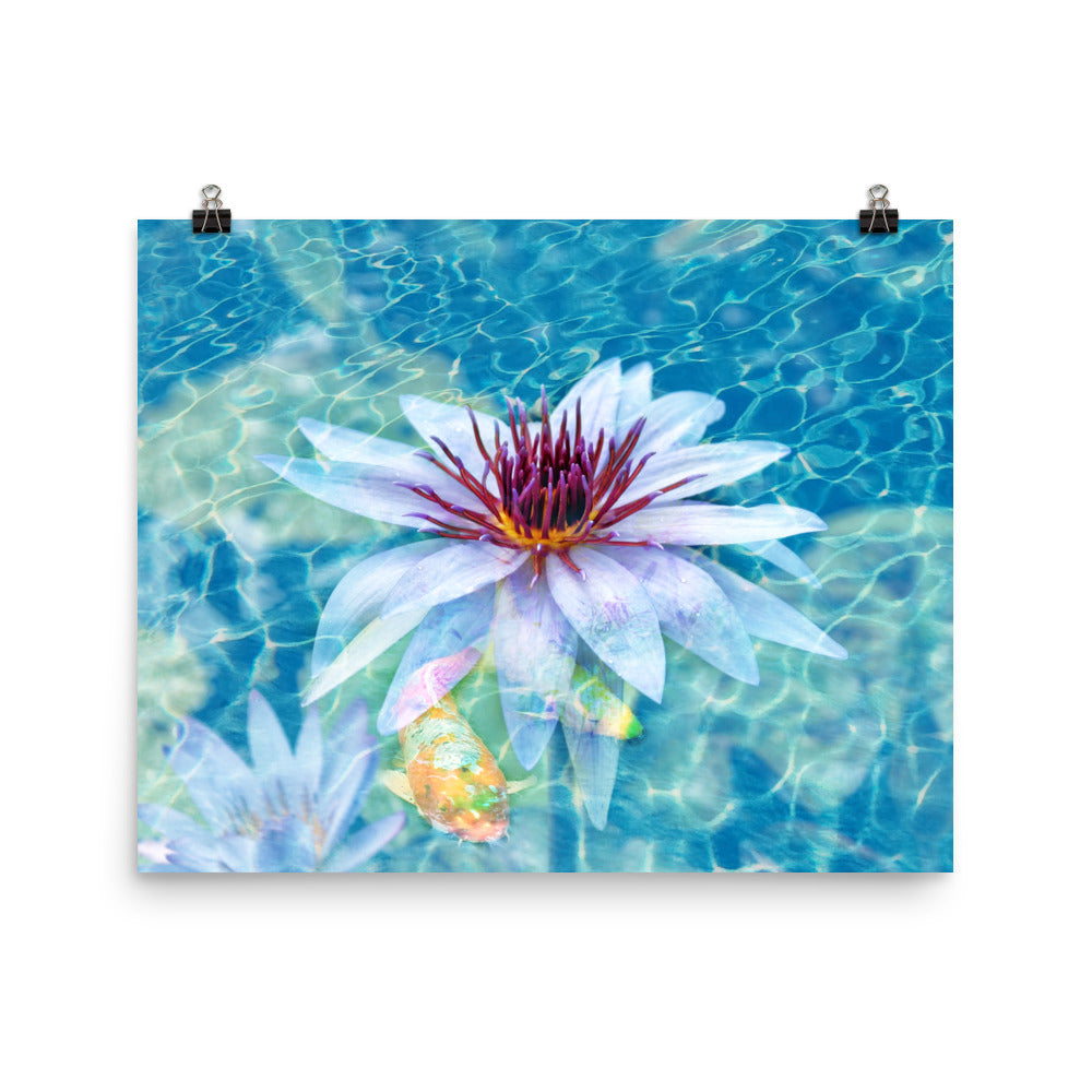 Image of Aqua Pura mixed media art print on 16 inch by 20 inch enhanced matte photo paper by Jessica St. Clair featuring a beautiful lotus flower and koi fish in sparkling water