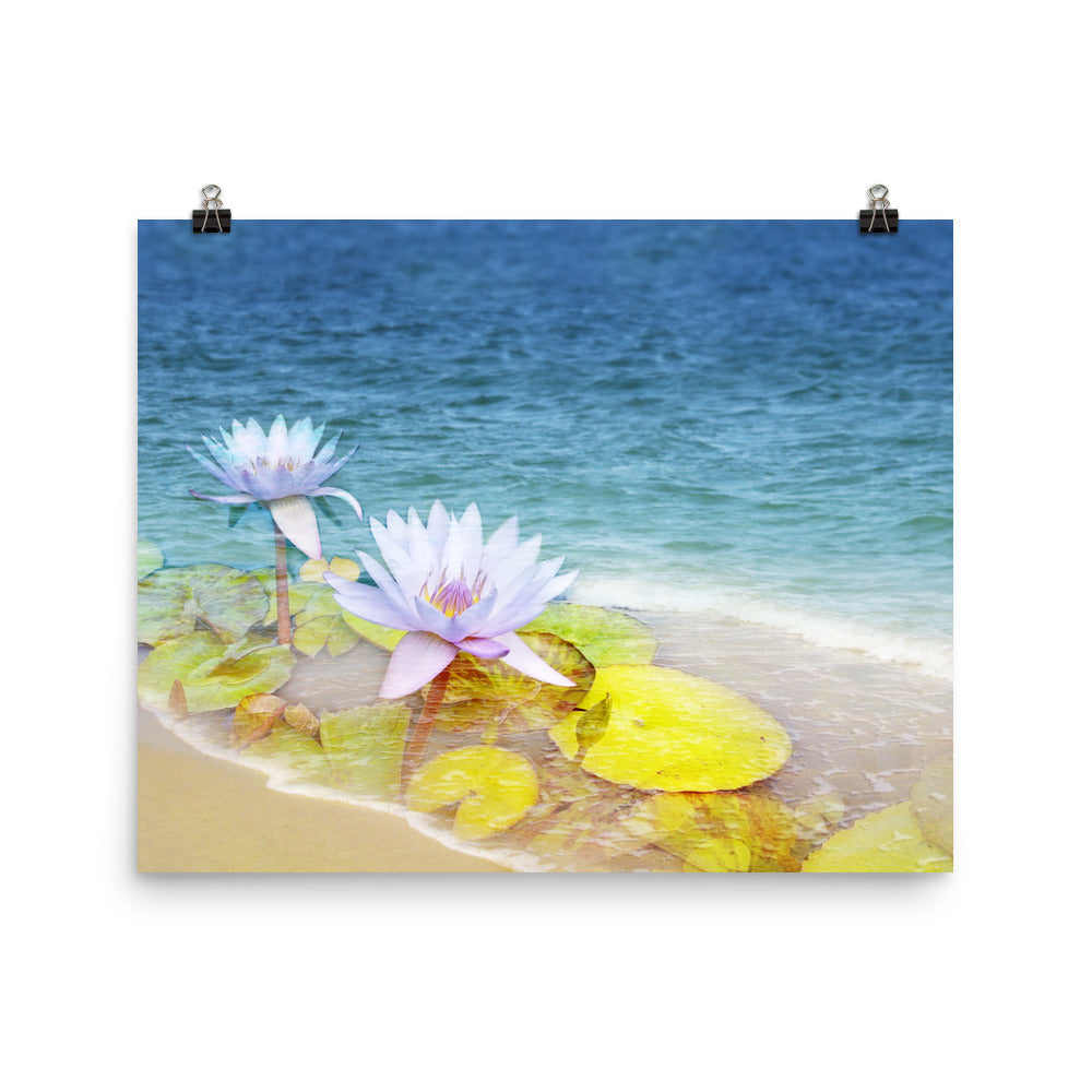 Image of Peace Tide mixed media 16 inch by 20 inch art print on enhanced matte photo paper by Jessica St. Clair featuring lime green lily pads and pastel lotus flowers blossoming on the shoreline of the aqua blue ocean