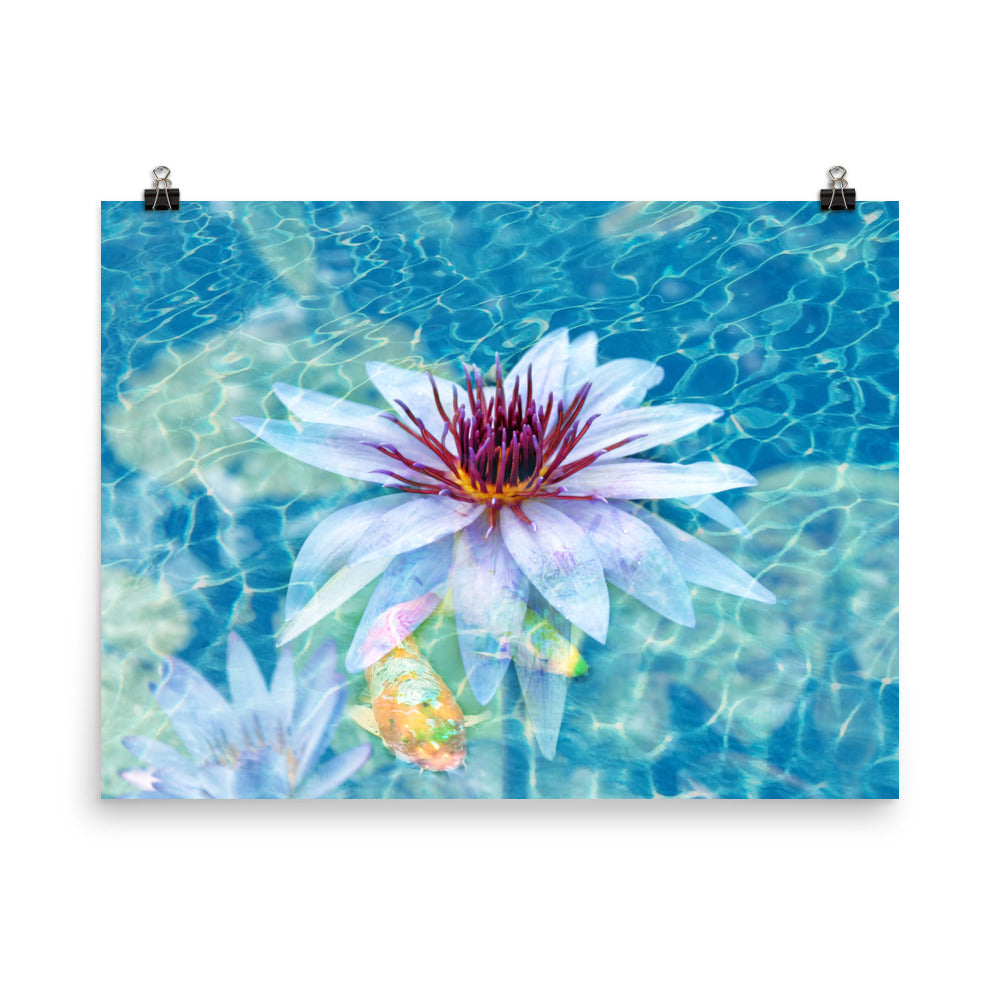 Image of Aqua Pura mixed media art print on 18 inch by 24 inch enhanced matte photo paper by Jessica St. Clair featuring a beautiful lotus flower and koi fish in sparkling water