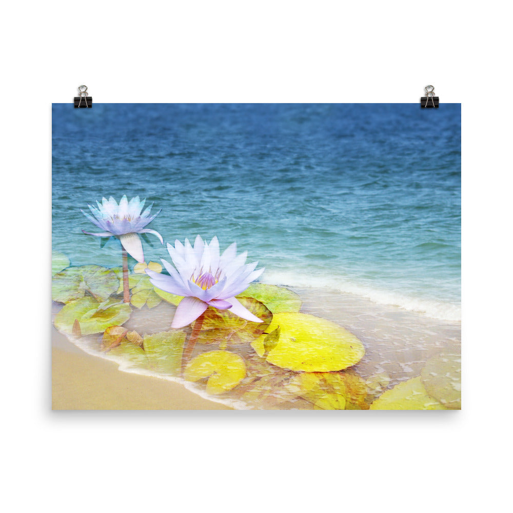 Image of Peace Tide mixed media 18 inch by 24 inch art print on enhanced matte photo paper by Jessica St. Clair featuring lime green lily pads and pastel lotus flowers blossoming on the shoreline of the aqua blue ocean