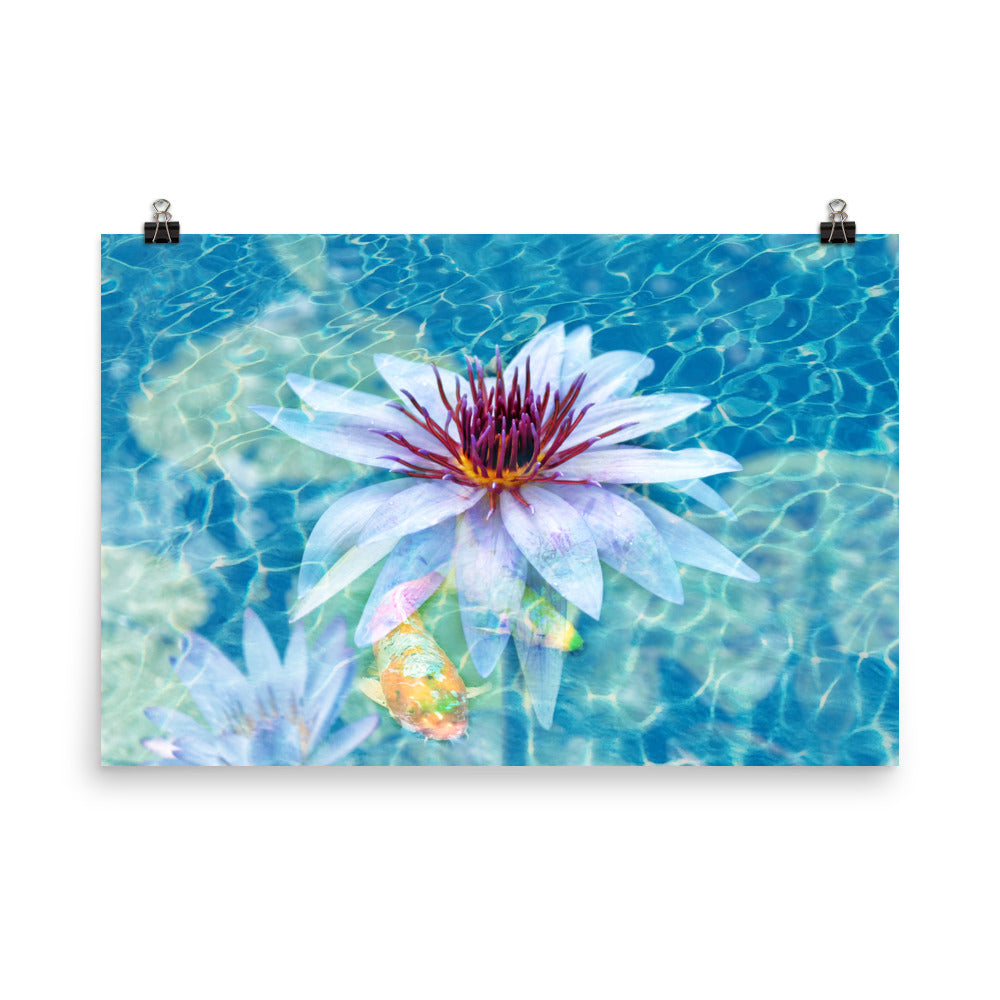 Image of Aqua Pura mixed media art print on 24 inch by 36 inch enhanced matte photo paper by Jessica St. Clair featuring a beautiful lotus flower and koi fish in sparkling water