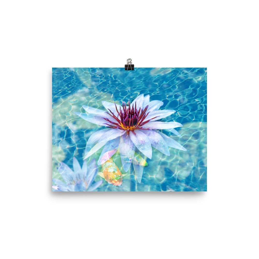 Image of Aqua Pura mixed media art print on 8 inch by 10 inch enhanced matte photo paper by Jessica St. Clair featuring a beautiful lotus flower and koi fish in sparkling water