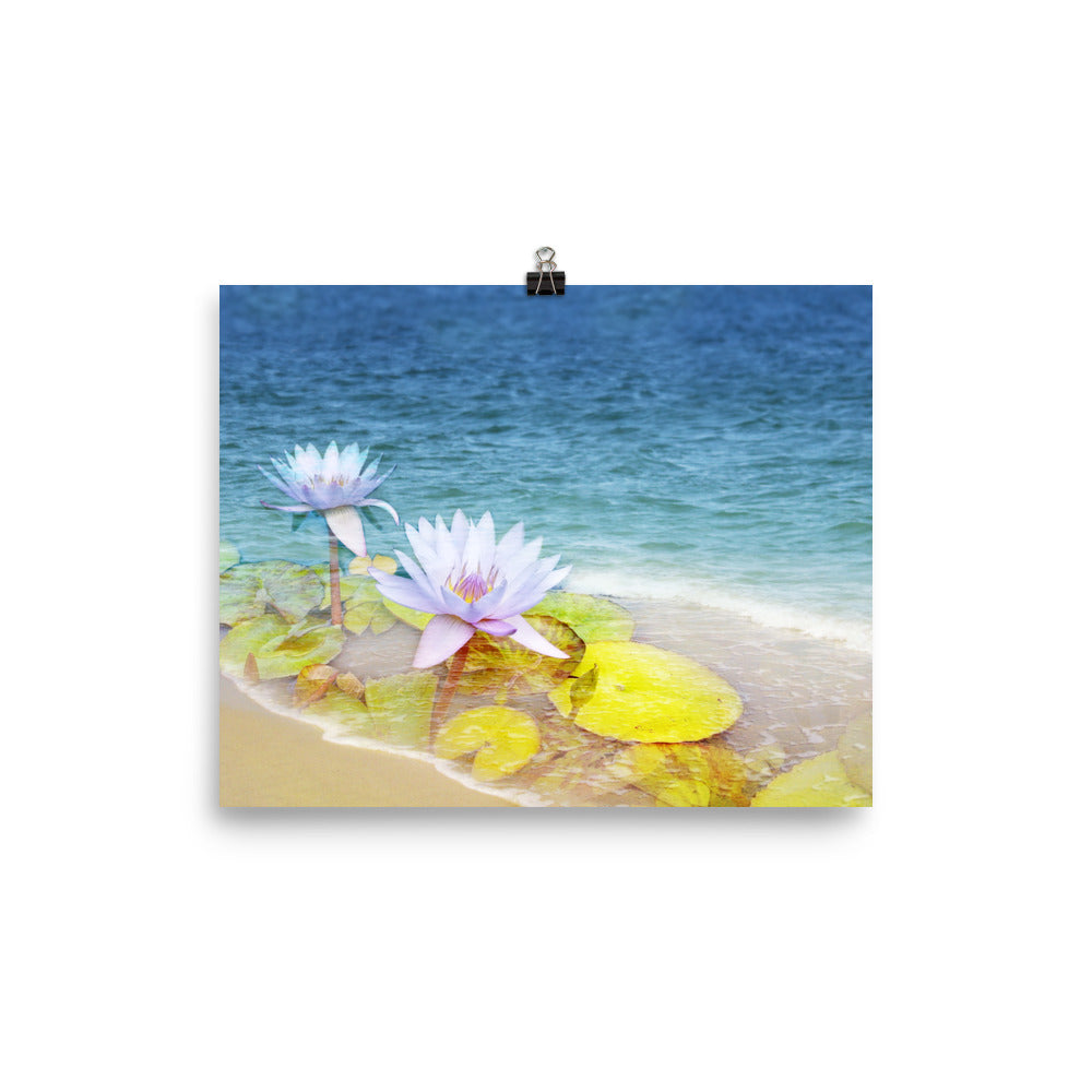Image of Peace Tide mixed media 8 inch by 10 inch art print on enhanced matte photo paper by Jessica St. Clair featuring lime green lily pads and pastel lotus flowers blossoming on the shoreline of the aqua blue ocean