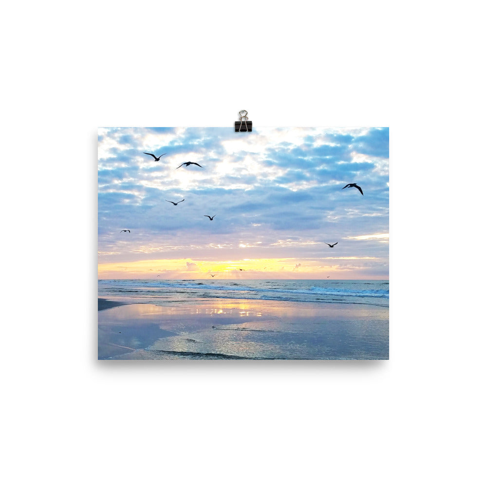 Image of Morning Blush photographic art print on 8 inch by 10 inch enhanced matte photo paper by Jessica St. Clair depicting a pastel sunrise over the ocean with seagulls in flight