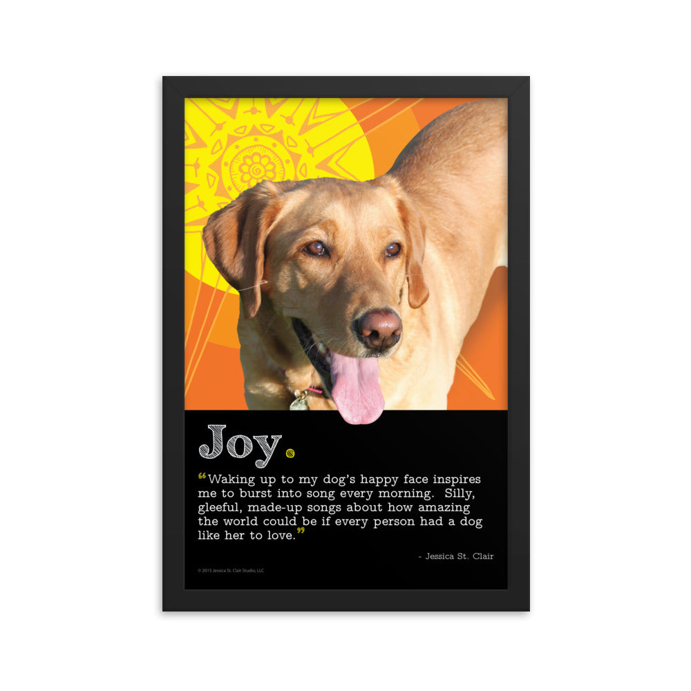 Image of Joy inspirational framed dog art by Jessica St. Clair on 12" x 18" premium luster photo paper