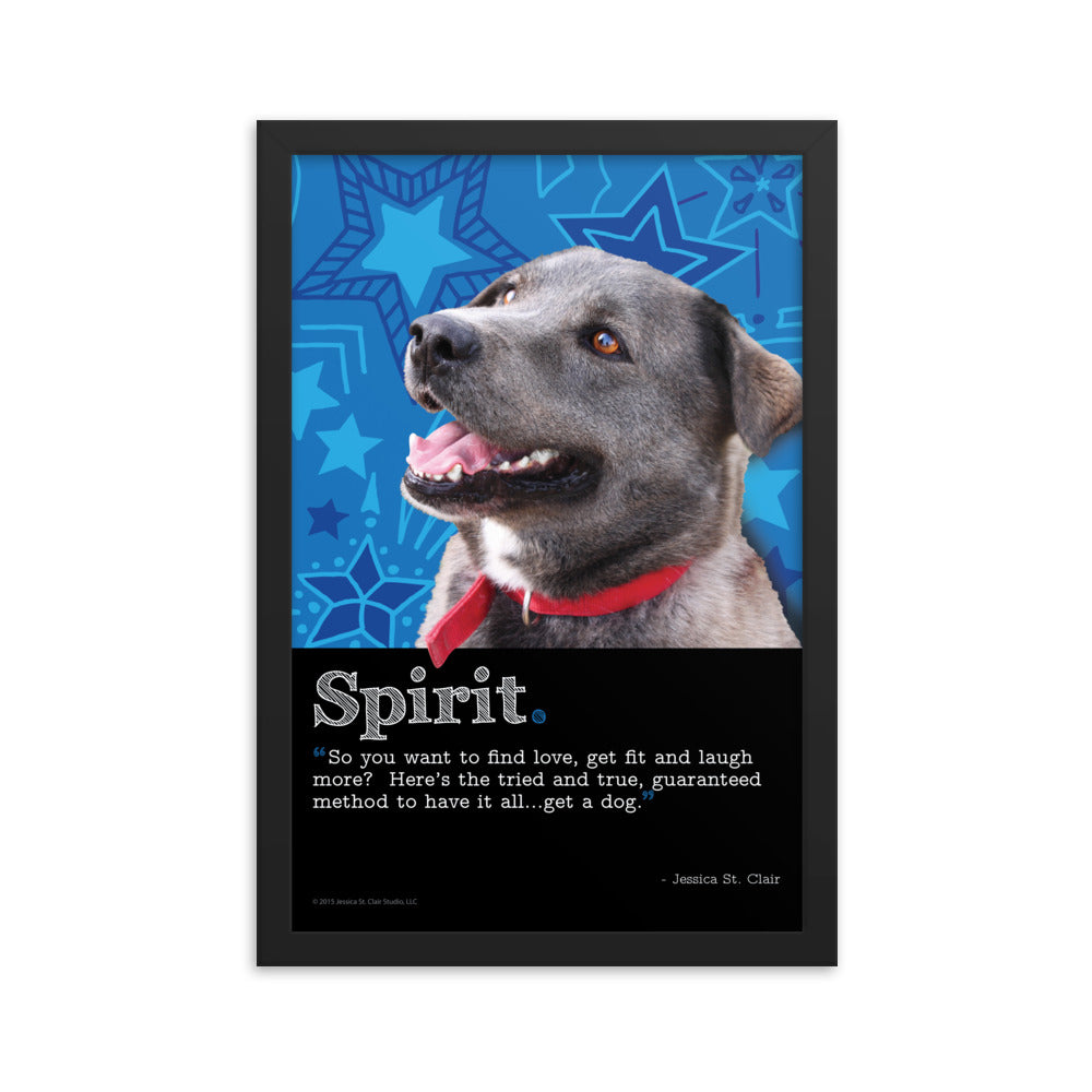 Image of Spirit inspirational framed dog art by Jessica St. Clair on 12" x 18" premium luster photo paper