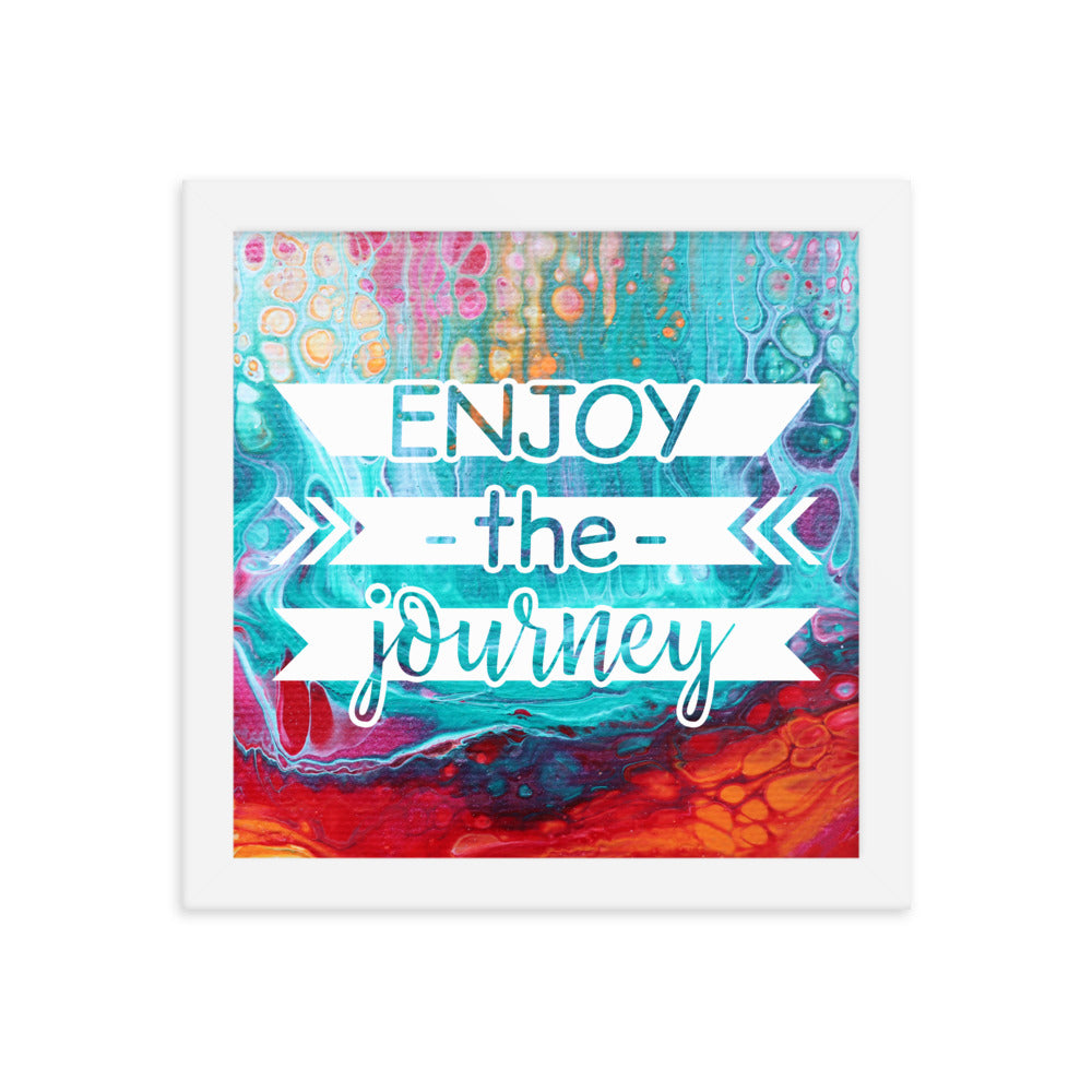 Image of Enjoy the Journey 10" x 10" framed inspirational wall art decor with script typography and colorful painted background