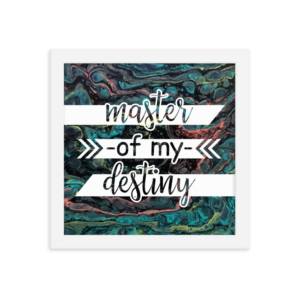 Image of Master of My Destiny 10" x 10" framed inspirational wall art decor with script typography and colorful painted background