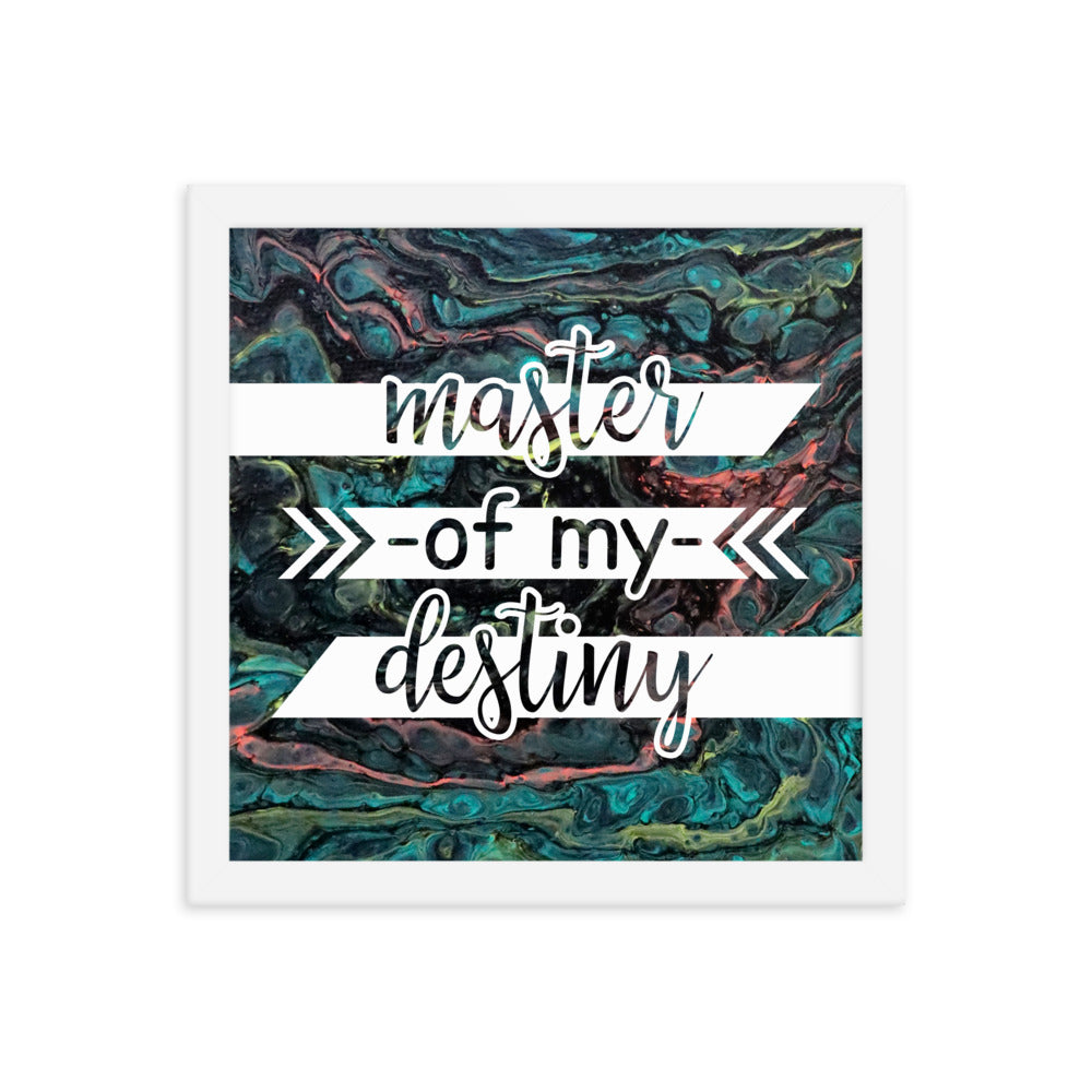 Image of Master of My Destiny 12" x 12" framed inspirational wall art decor with script typography and colorful painted background