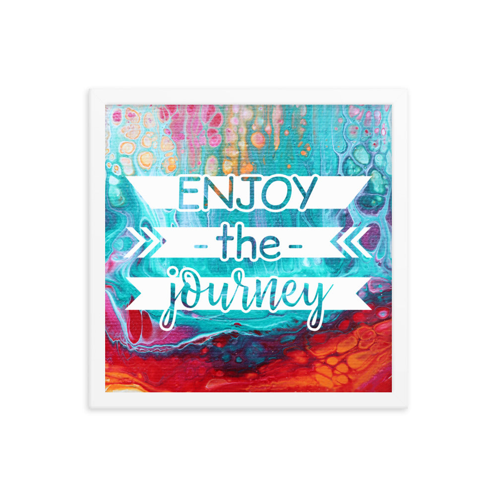 Image of Enjoy the Journey 14" x 14" framed inspirational wall art decor with script typography and colorful painted background