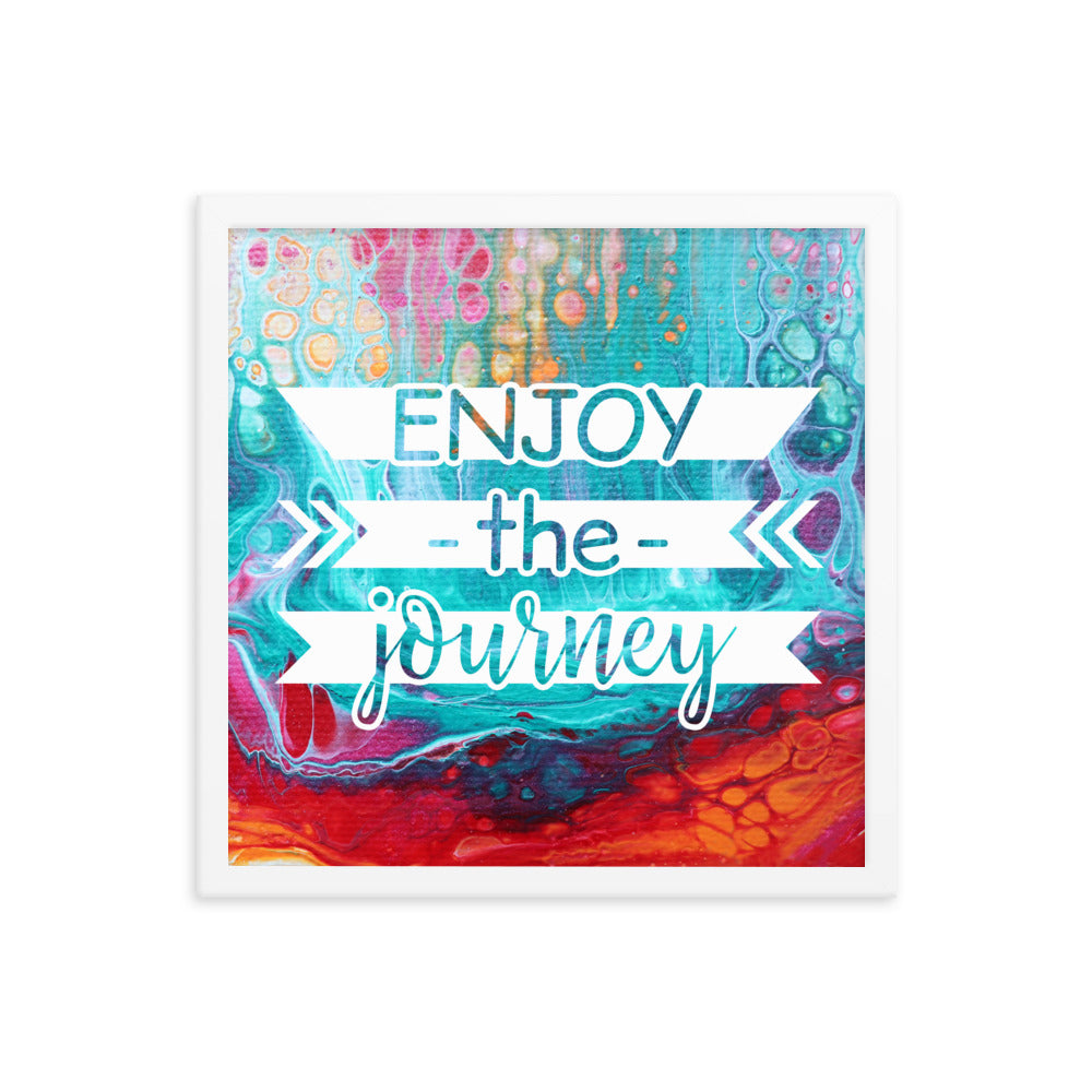 Image of Enjoy the Journey 16" x 16" framed inspirational wall art decor with script typography and colorful painted background