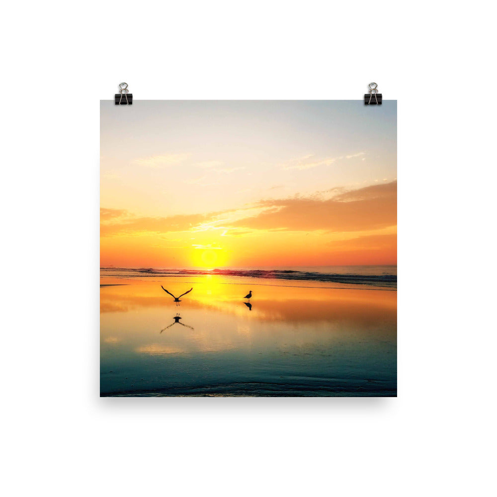 Image of Early Birds photographic art print on 10 inch by 10 inch premium luster photo paper by Jessica St. Clair depicting two seagulls on glassy Myrtle Beach water at dawn