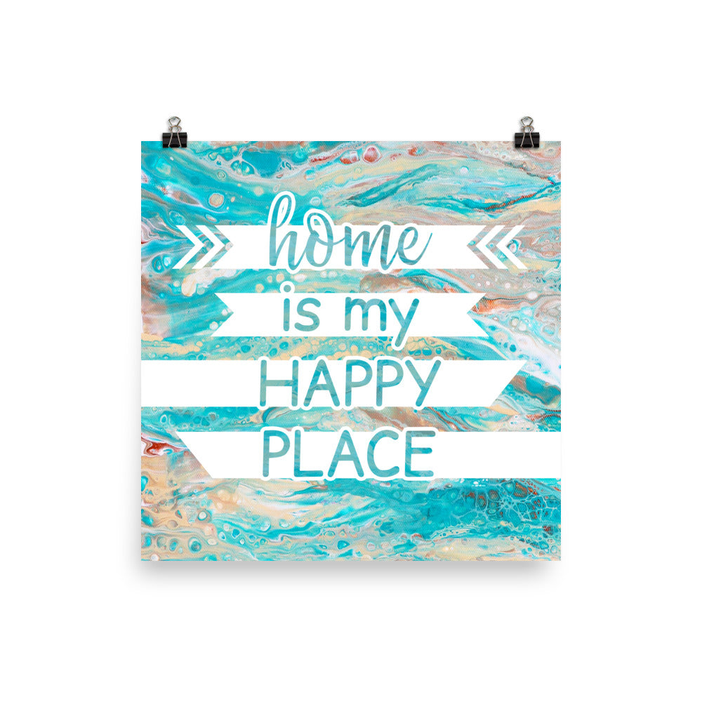 Image of Home is My Happy Place 12" x 12" inspirational wall art decor with script typography and colorful painted background
