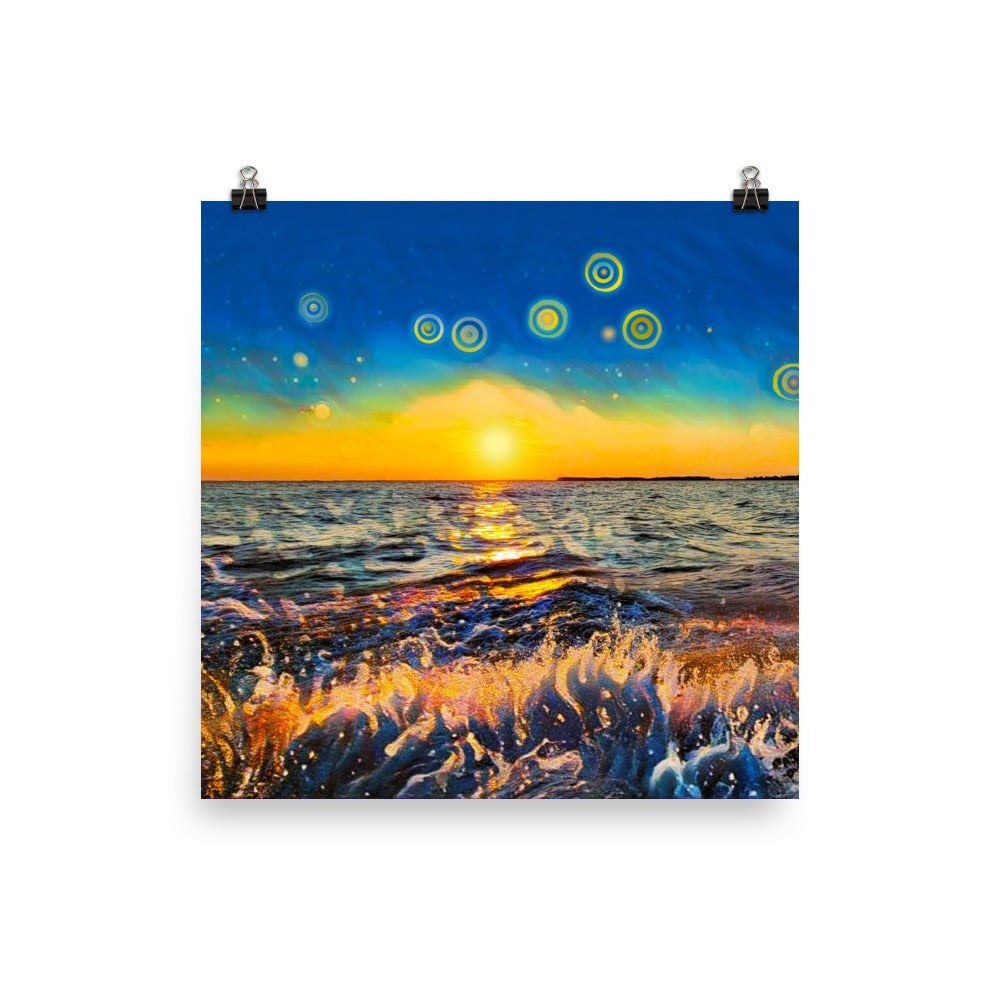 Image of Twilight Ride mixed media art print on 12 inch by 12 inch premium luster photo paper by Jessica St. Clair depicting a boat's trail in the water on the ride in as a brilliant sun sets and stars rise