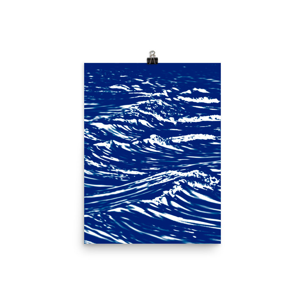 Image of Cadence mixed media art print on 12 inch by 16 inch premium luster photo paper by Jessica St. Clair illustrating duotone deep blue waves with white crests