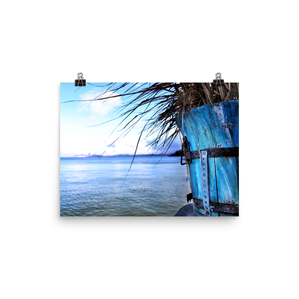 Photographic art print by Jessica St. Clair on 12 inch by 16 inch premium luster photo paper depicting the view from Sausalito across the bay toward San Francisco, flanked by a beautifully aged weather-worn wooden planter painted in shades of ocean blue.
