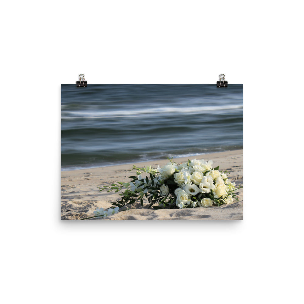 Image of Beach Bouquet photography 12 inch by 16 inch art print on premium luster photo paper by Jessica St. Clair featuring a bridal flower bouquet on the sand at the water's edge