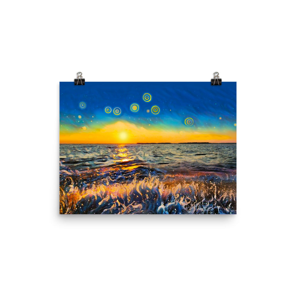 Image of Twilight Ride mixed media art print on 12 inch by 16 inch premium luster photo paper by Jessica St. Clair depicting a boat's trail in the water on the ride in as a brilliant sun sets and stars rise