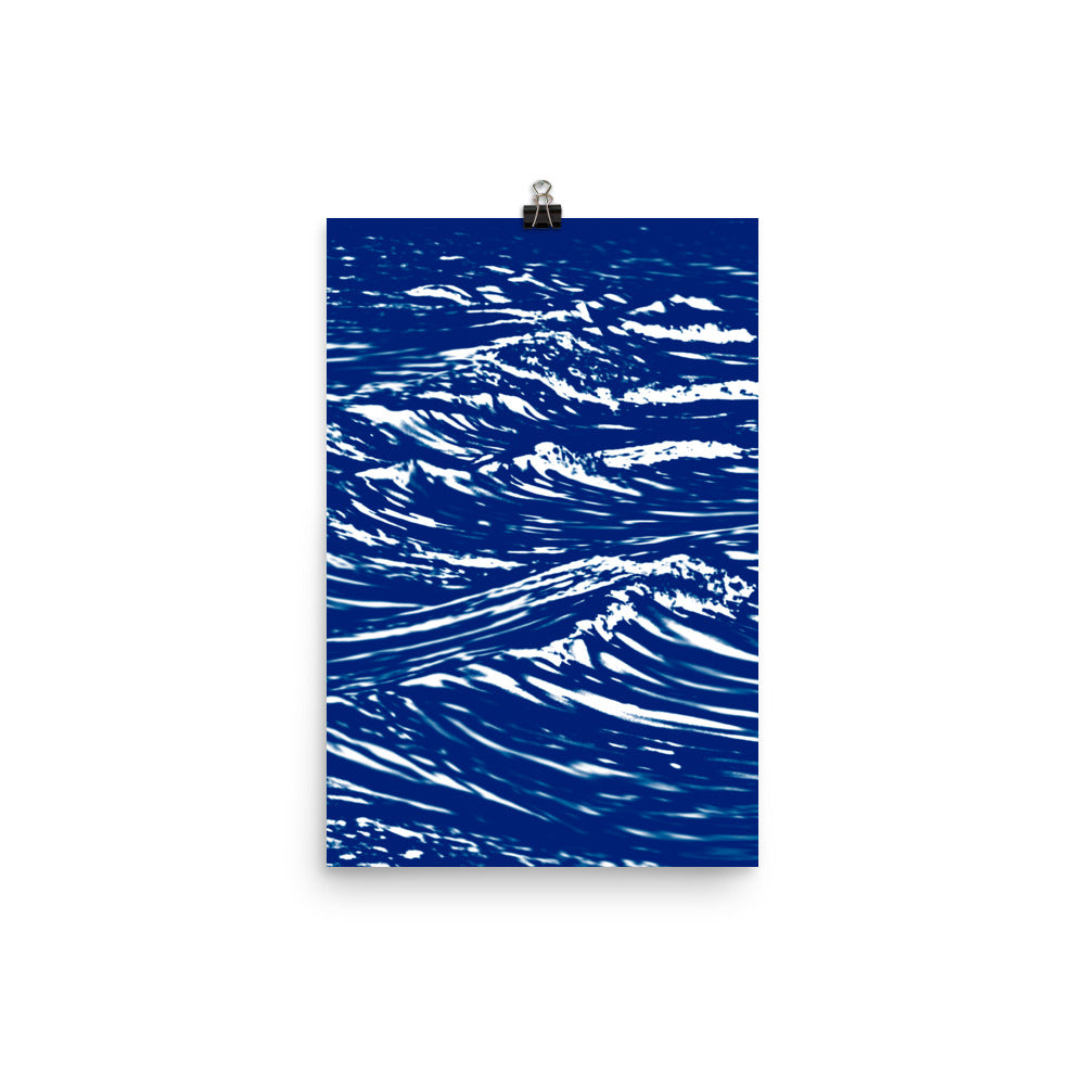 Image of Cadence mixed media art print on 12 inch by 18 inch premium luster photo paper by Jessica St. Clair illustrating duotone deep blue waves with white crests