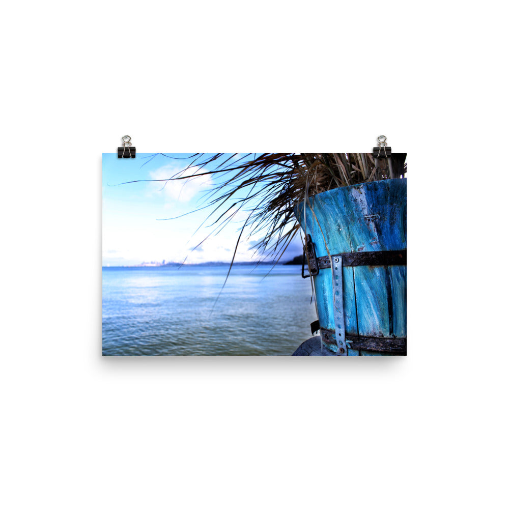 Photographic art print by Jessica St. Clair on 12 inch by 18 inch premium luster photo paper depicting the view from Sausalito across the bay toward San Francisco, flanked by a beautifully aged weather-worn wooden planter painted in shades of ocean blue.