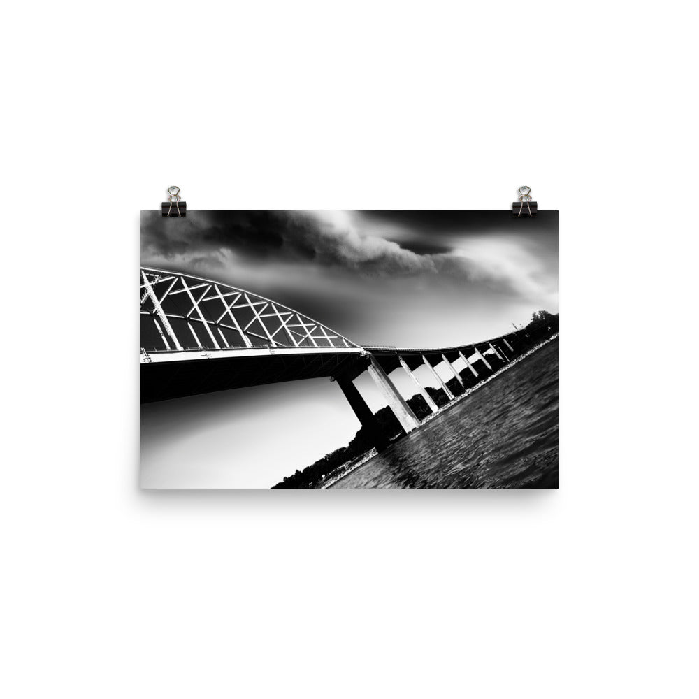 Image of Crisscross the Canal black and white photographic art print on 12 inch by 18 inch premium luster photo paper by Jessica St. Clair