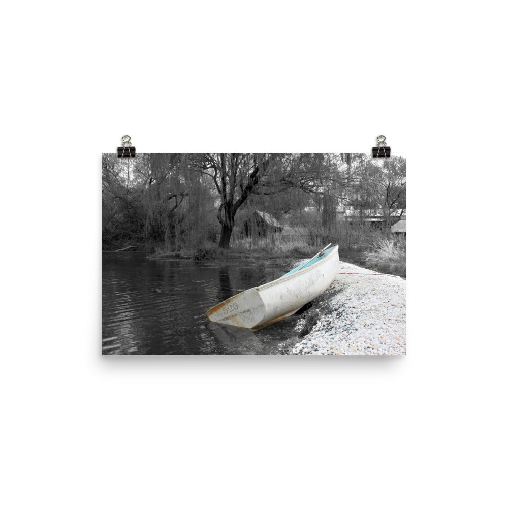 Image of 12 inch by 18 inch art print titled Ashore with a small row boat left at the water's edge and a willow tree in the background