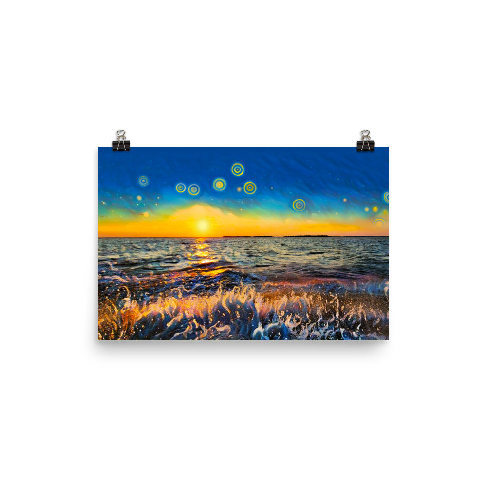 Image of Twilight Ride mixed media art print on 12 inch by 18 inch premium luster photo paper by Jessica St. Clair depicting a boat's trail in the water on the ride in as a brilliant sun sets and stars rise