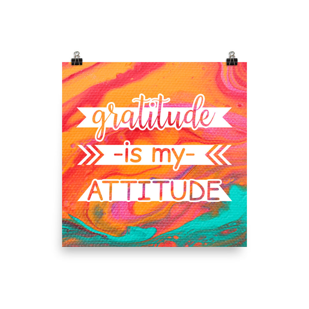 Image of Gratitude is My Attitude 14" x 14" inspirational wall art decor with script typography and colorful painted background