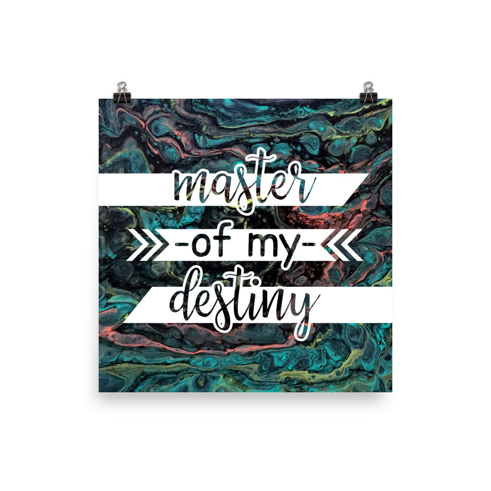 Image of Master of My Destiny 14" x 14" inspirational wall art decor with script typography and colorful painted background