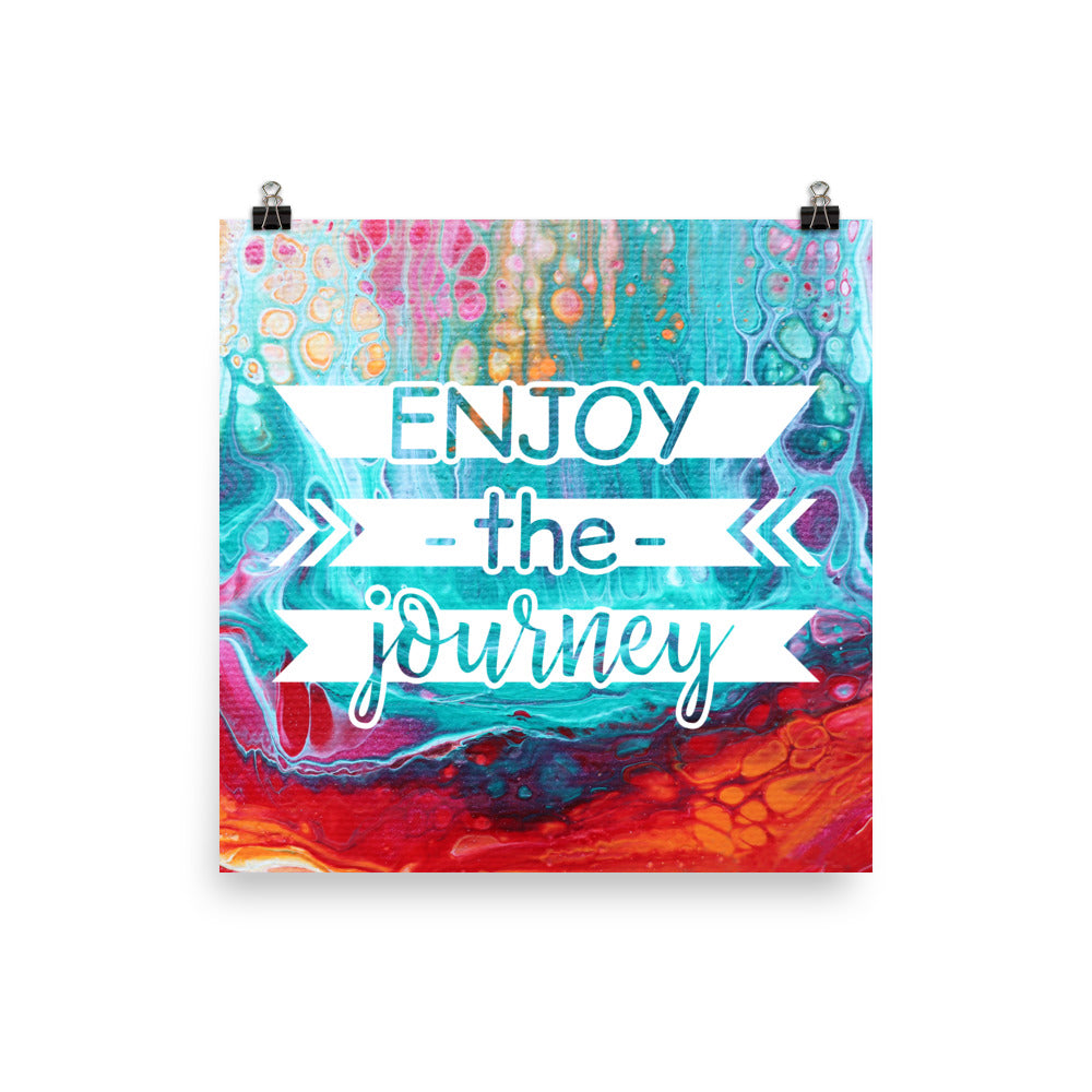 Image of Enjoy the Journey 16" x 16" inspirational wall art decor with script typography and colorful painted background