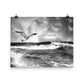 Image of Glide the Swirl black and white photographic artwork by Jessica St. Clair on 16 inch by 20 inch premium luster photo paper depicting a sea gull gliding over crashing waves and a swirling stormy sky