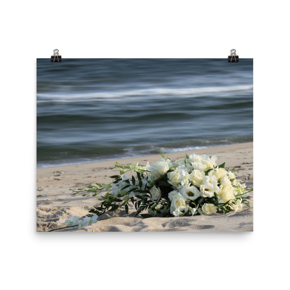 Image of Beach Bouquet photography 16 inch by 20 inch art print on premium luster photo paper by Jessica St. Clair featuring a bridal flower bouquet on the sand at the water's edge