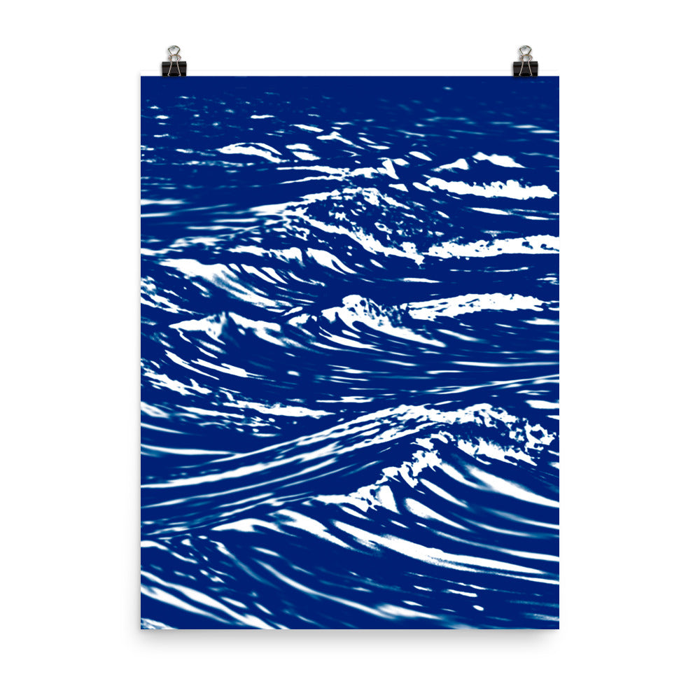 Image of Cadence mixed media art print on 18 inch by 24 inch premium luster photo paper by Jessica St. Clair illustrating duotone deep blue waves with white crests