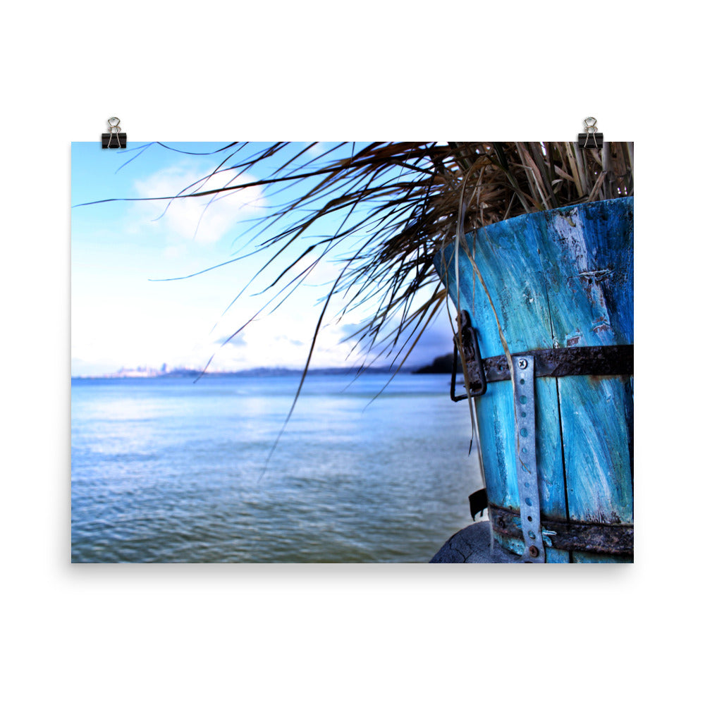 Photographic art print by Jessica St. Clair on 18 inch by 24 inch premium luster photo paper depicting the view from Sausalito across the bay toward San Francisco, flanked by a beautifully aged weather-worn wooden planter painted in shades of ocean blue.