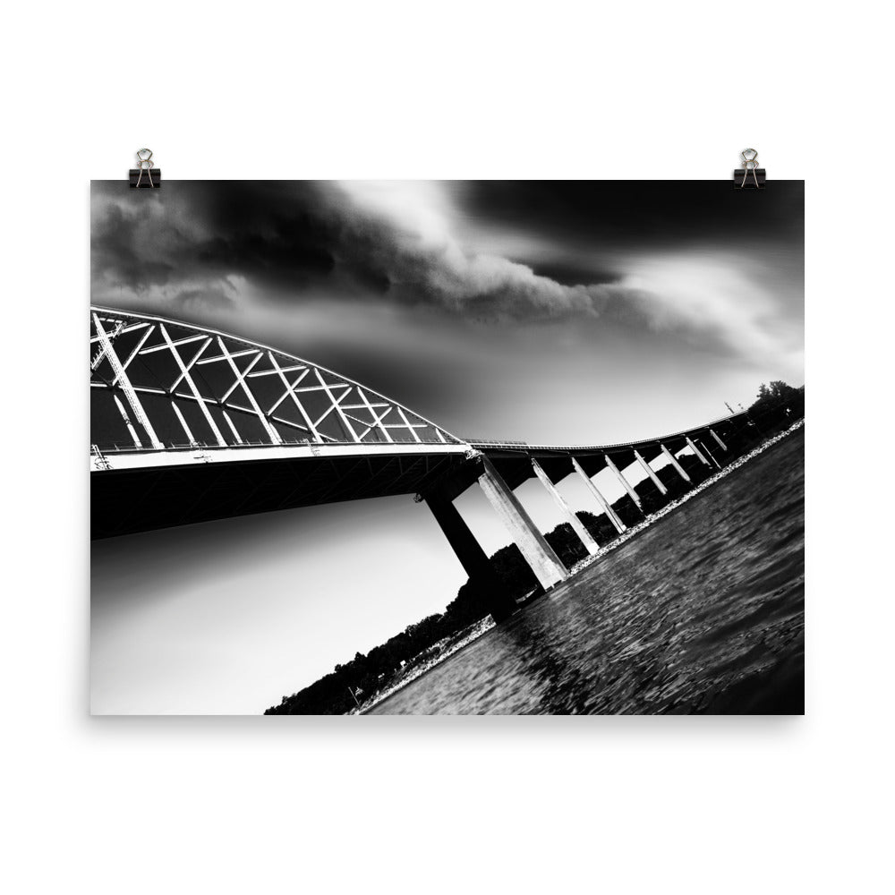 Image of Crisscross the Canal black and white photographic art print on 18 inch by 24 inch premium luster photo paper by Jessica St. Clair