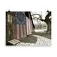 Image of Rustic Barn 18 inch by 24 inch art print illustrating an American flag painted on the wooden slats of an old barn