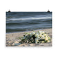 Image of Beach Bouquet photography 18 inch by 24 inch art print on premium luster photo paper by Jessica St. Clair featuring a bridal flower bouquet on the sand at the water's edge