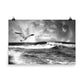 Image of Glide the Swirl black and white photographic artwork by Jessica St. Clair on 24 inch by 36 inch premium luster photo paper depicting a sea gull gliding over crashing waves and a swirling stormy sky