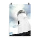 Image of The Sentinel photographic artwork by Jessica St. Clair on 24 inch by 36 inch premium luster photo paper looking upward from the rocky jetty to the top of a black and white lighthouse reaching toward an ethereal sky with artistic clouds
